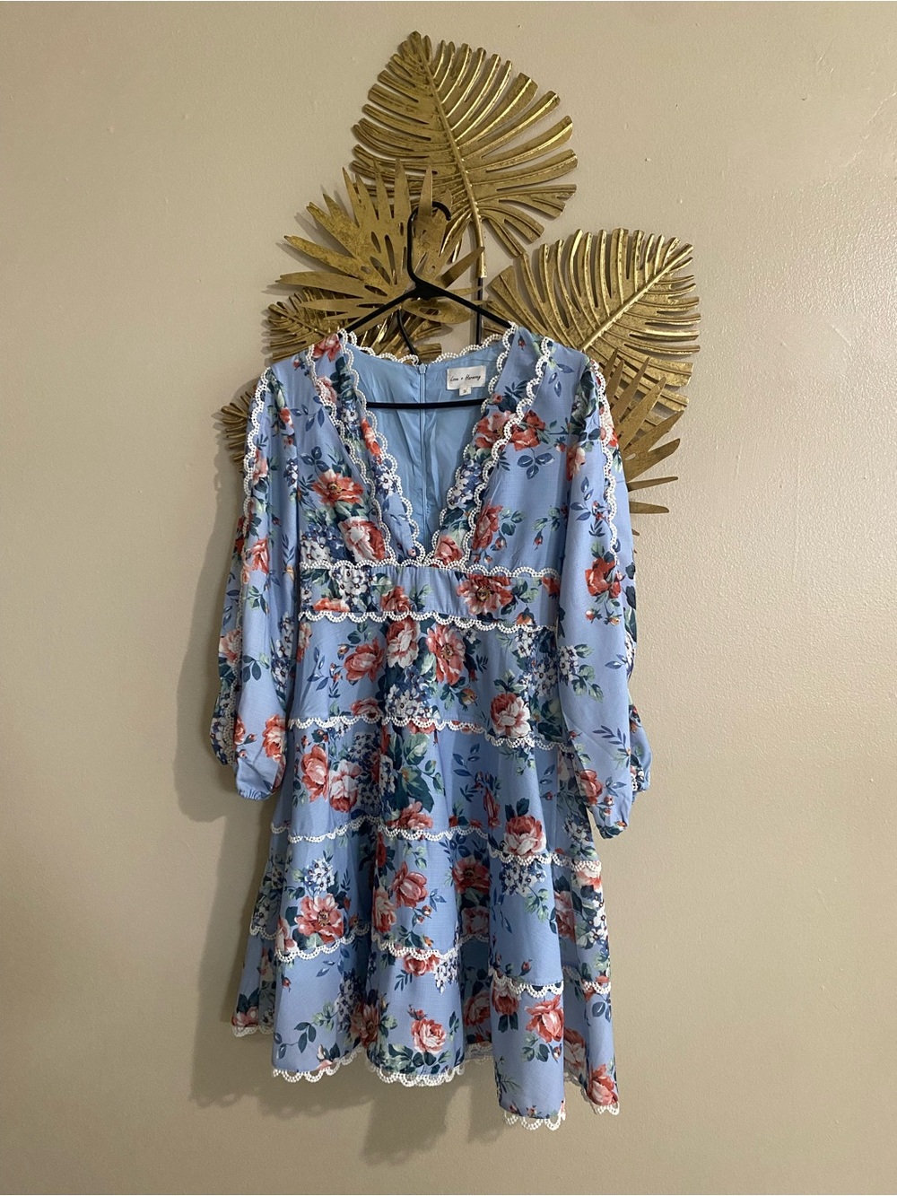 Floral Lace-Trim Blue V-Neck Tiered Dress